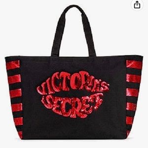 Victoria’s Secret Tote Bag Weekender Black and Red Lips Sequins Kiss Large